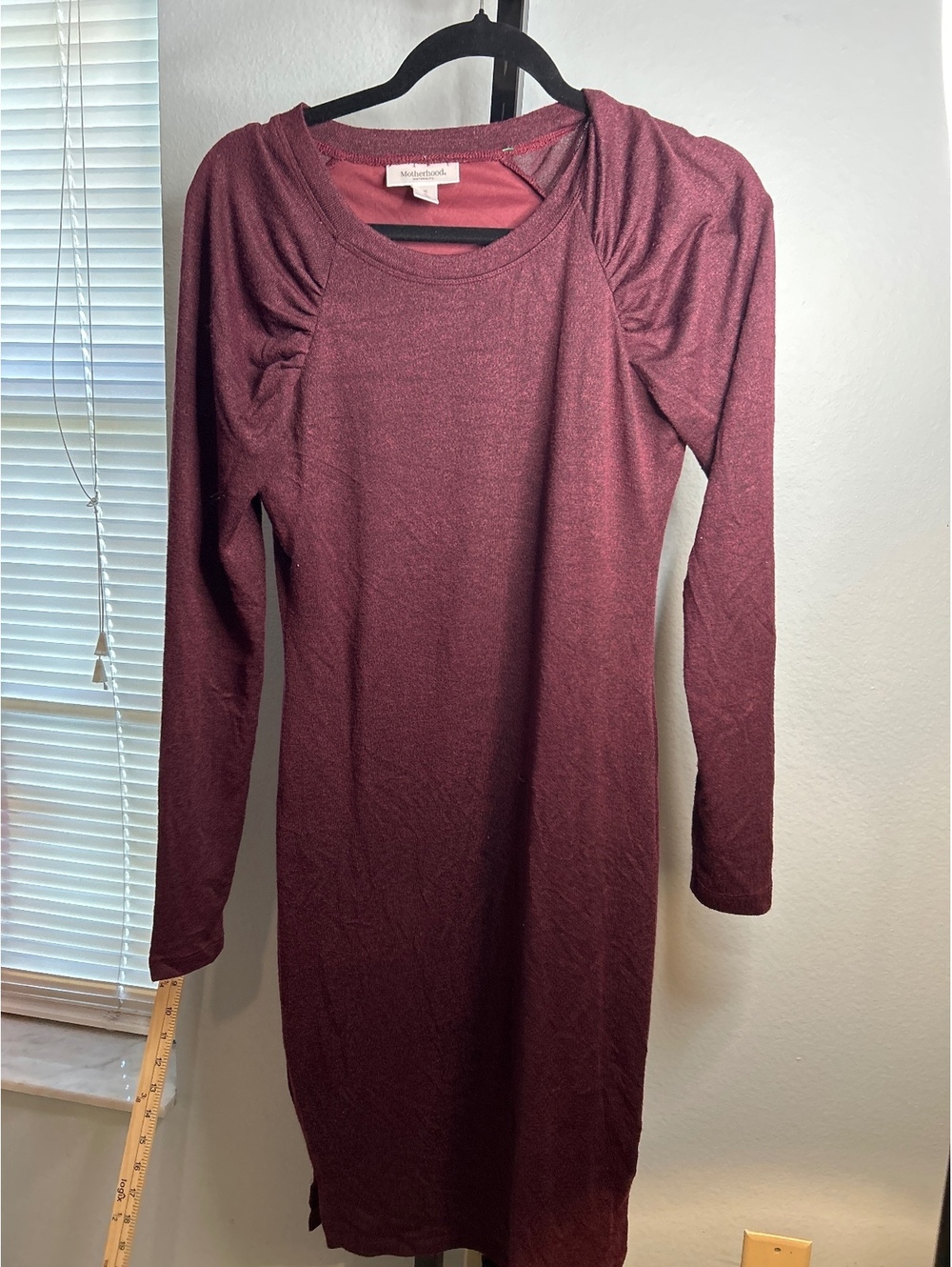 Motherhood Maternity Burgundy Long Sleeve Ruched Shoulder Dress Medium